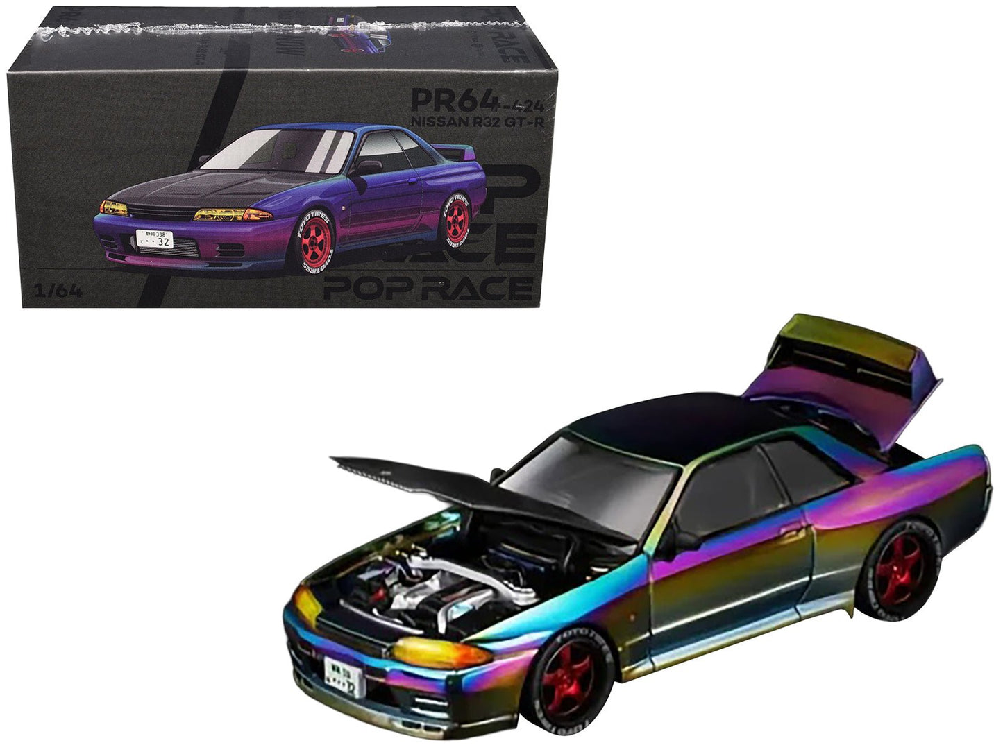 Nissan Skyline GT-R (R32) RHD (Right Hand Drive) Chameleon Chrome with Carbon Hood "Vancouver Edition" 1/64 Diecast Model Car by Pop Race free shipping USA