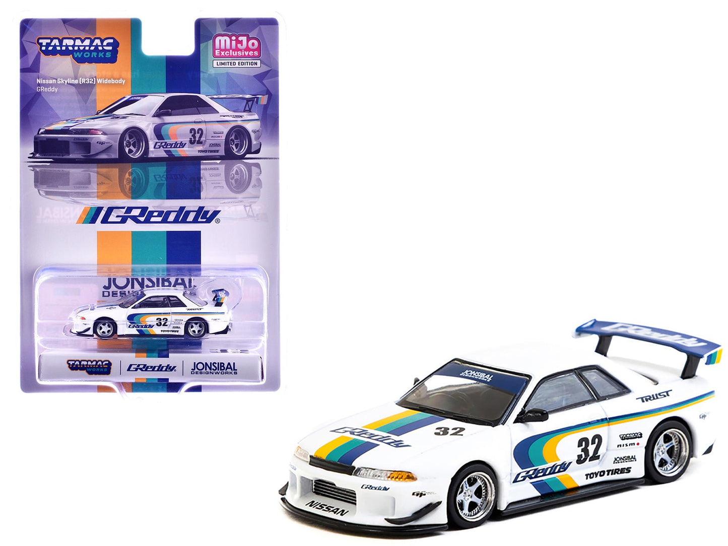 Nissan Skyline GT-R (R32) Widebody RHD (Right Hand Drive) #32 "Greddy - Jonsibal Designworks" White with Stripes "Global64" Series 1/64 Diecast Model by Tarmac Works free shipping USA