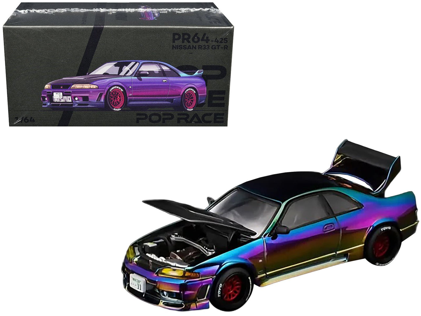 Nissan Skyline GT-R (R33) RHD (Right Hand Drive) Chameleon Chrome with Carbon Hood "Vancouver Edition" 1/64 Diecast Model Car by Pop Race free shipping USA