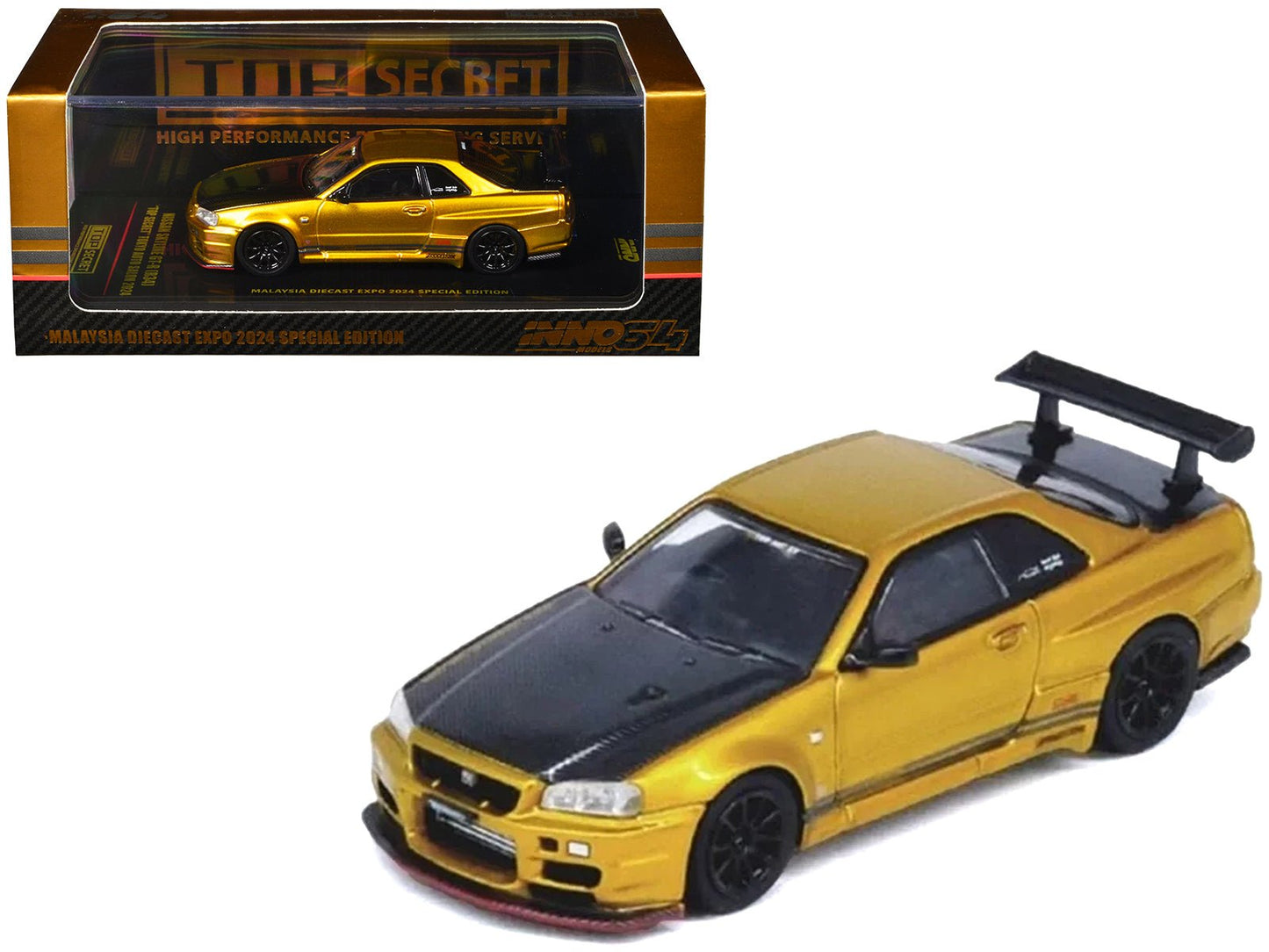 Nissan Skyline GT-R (R34) "Top Secret" RHD (Right Hand Drive) Gold Metallic with Carbon Hood and Trunk "Tokyo Auto Salon 2024 - Malaysia Diecast Expo 2024" 1/64 Diecast Model Car by Inno Models free shipping USA