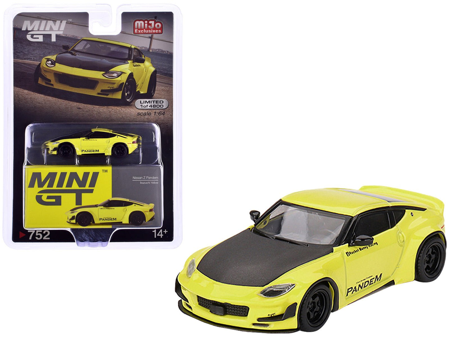 Nissan Z "Pandem" Ikazuchi Yellow with Carbon Hood Limited Edition to 4800 pieces Worldwide 1/64 Diecast Model Car by Mini GT free shipping USA