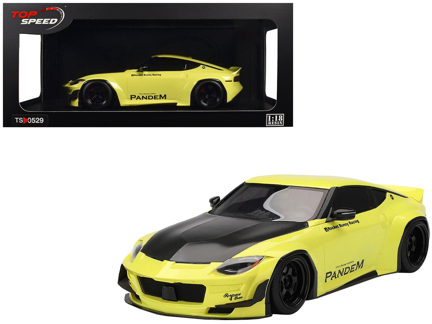 Nissan Z (RZ34) "Pandem" Ikazuchi Yellow with Matt Black Hood 1/18 Model Car by Top Speed free shipping USA