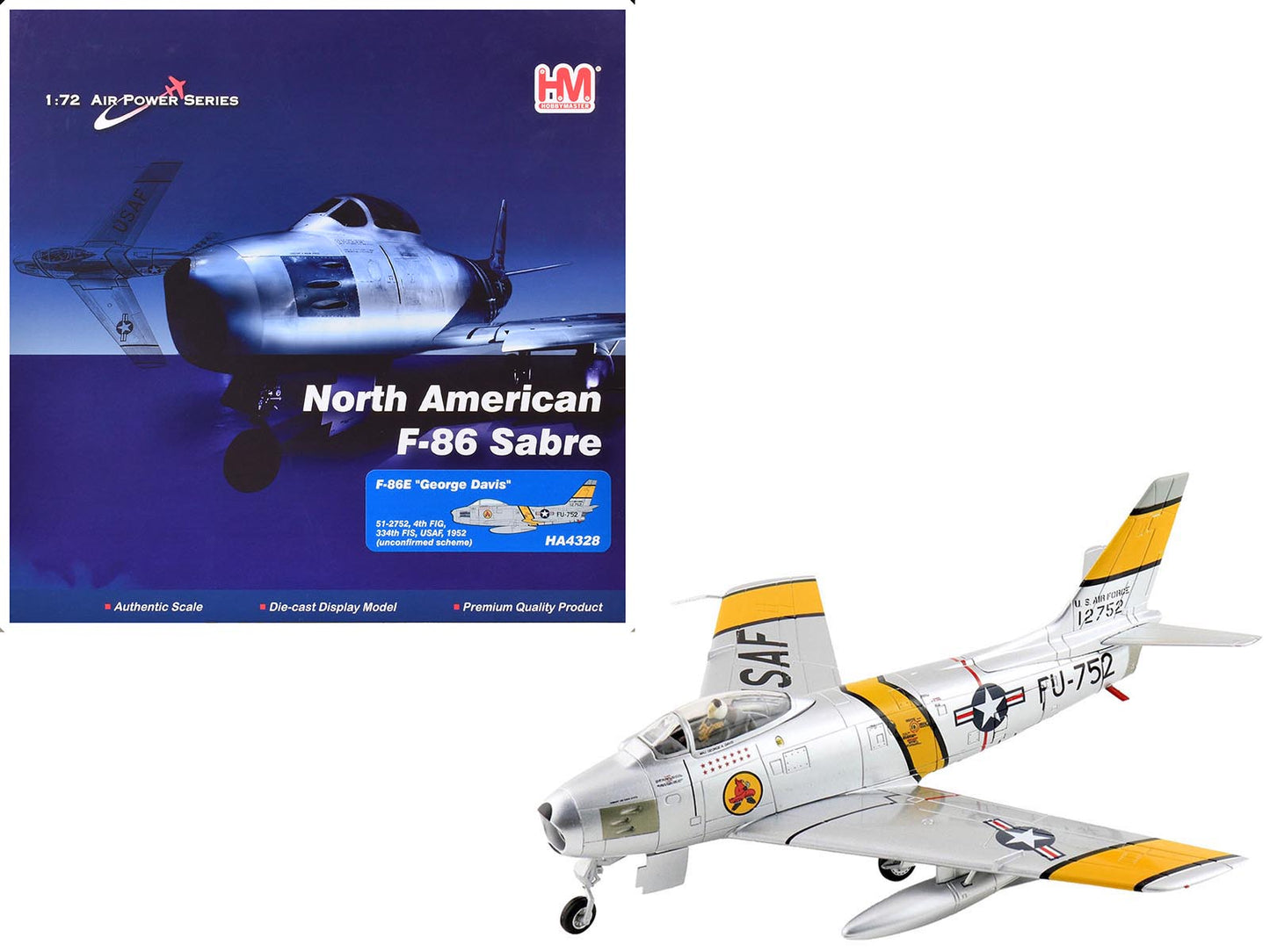 North American F-86E Sabre Fighter Aircraft "51-2752 Colonel George Andrew Davis Jr. 4th FIG 334th FIS" (1952) United States Air Force "Air Power Series" 1/72 Diecast Model by Hobby Master free shipping USA