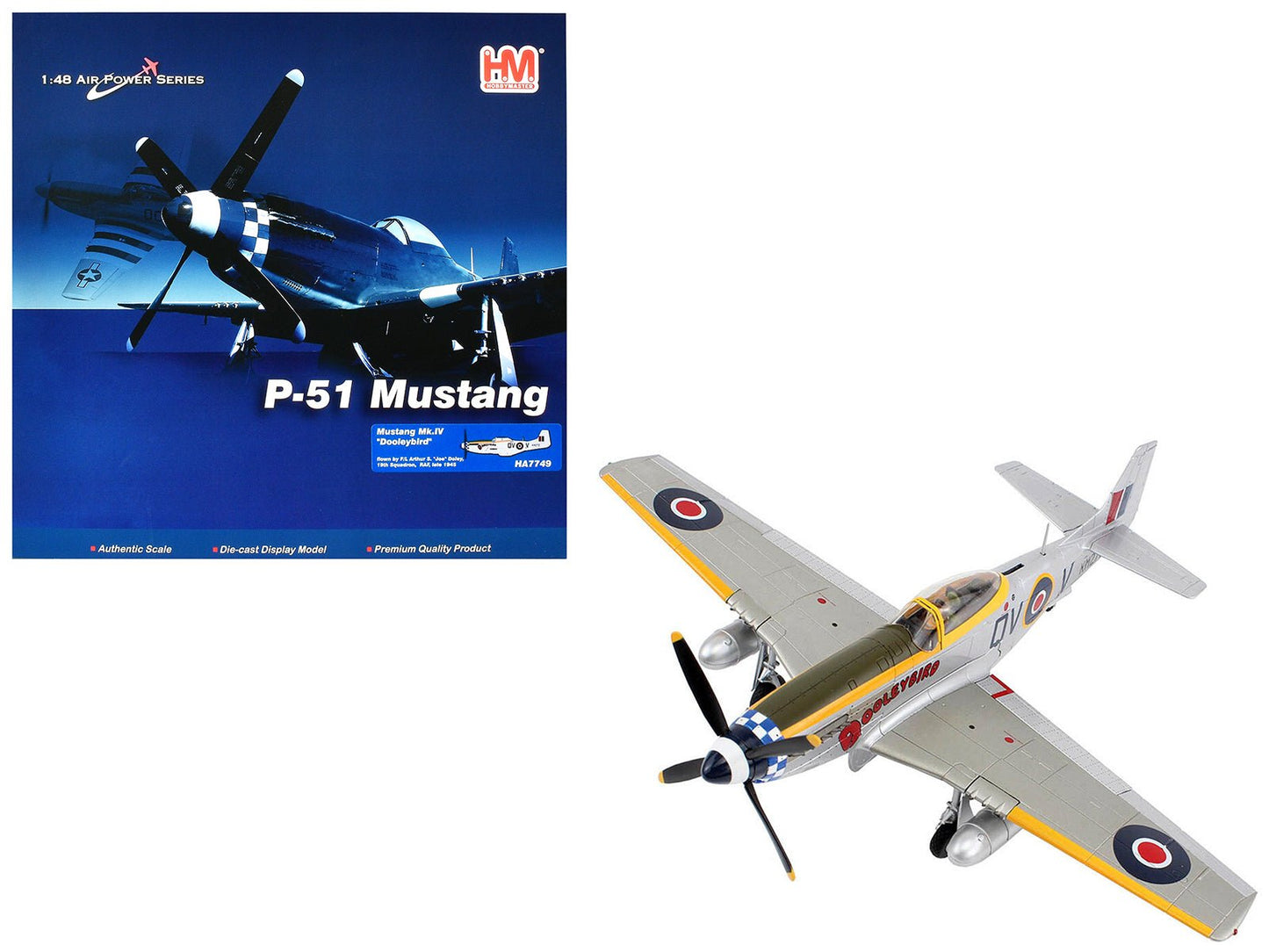 North American Mustang Mk.IV Fighter Aircraft "Flight Lieutenant Arthur S. 'Joe' Doley 19th Squadron" (1945) British Royal Air Force "Air Power Series" 1/48 Diecast Model by Hobby Master free shipping USA