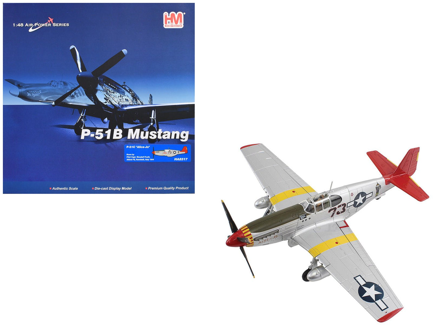 North American P-51C Mustang Fighter Aircraft "Alice-Jo Capt. Wendell Pruitt 302nd FS Italy" (1945) United States Army Air Force "Air Power Series" 1/48 Diecast Model by Hobby Master free shipping USA