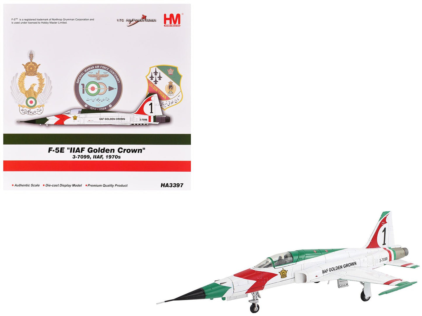 Northrop F-5E Tiger II Aircraft "#1 3-7099 IIAF Golden Crown" Imperial Iranian Air Force "Air Power Series" 1/72 Diecast Model by Hobby Master free shipping USA
