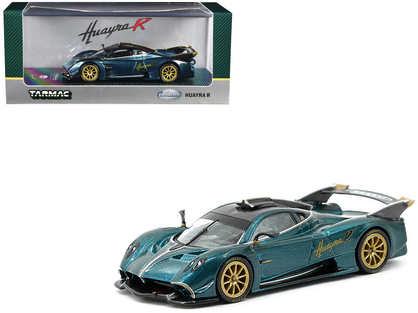 Pagani Huayra R Turquoise Carbon Fiber with Gold Wheels "Global64" Series 1/64 Diecast Model Car by Tarmac Works free shipping USA