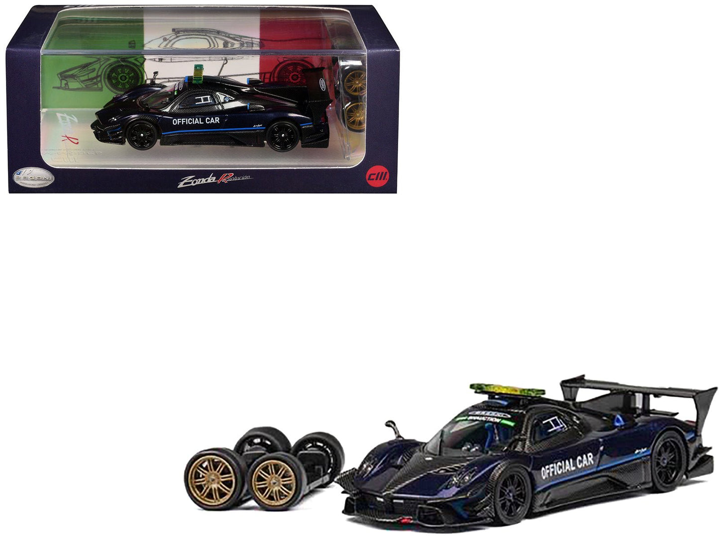 Pagani Zonda Revolucion "Official Car" Dark Blue and Carbon with Extra Wheels 1/64 Diecast Model Car by CM Model free shipping USA