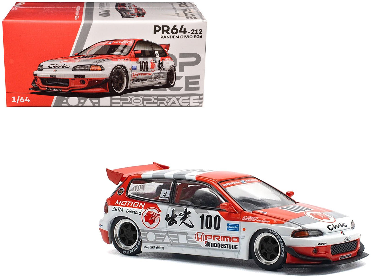 Pandem Civic EG6 V1.5 RHD (Right Hand Drive) #100 "Idemitsu Motion Infinite" White and Red with Graphics 1/64 Diecast Model Car by Pop Race free shipping USA