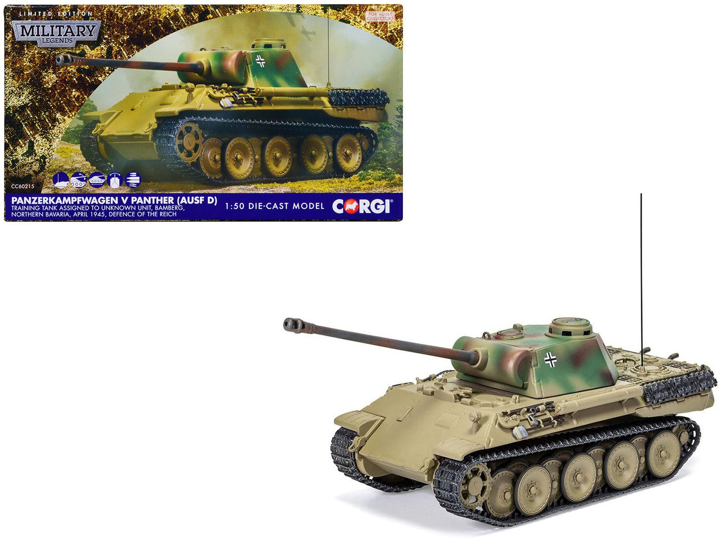Panzerkampfwagen V Panther (Ausf D) Tank "Training Unit Bamberg North Bavaria Defence of the Reich" (1945) German Army "Military Legends" Series 1/50 Diecast Model by Corgi free shipping USA