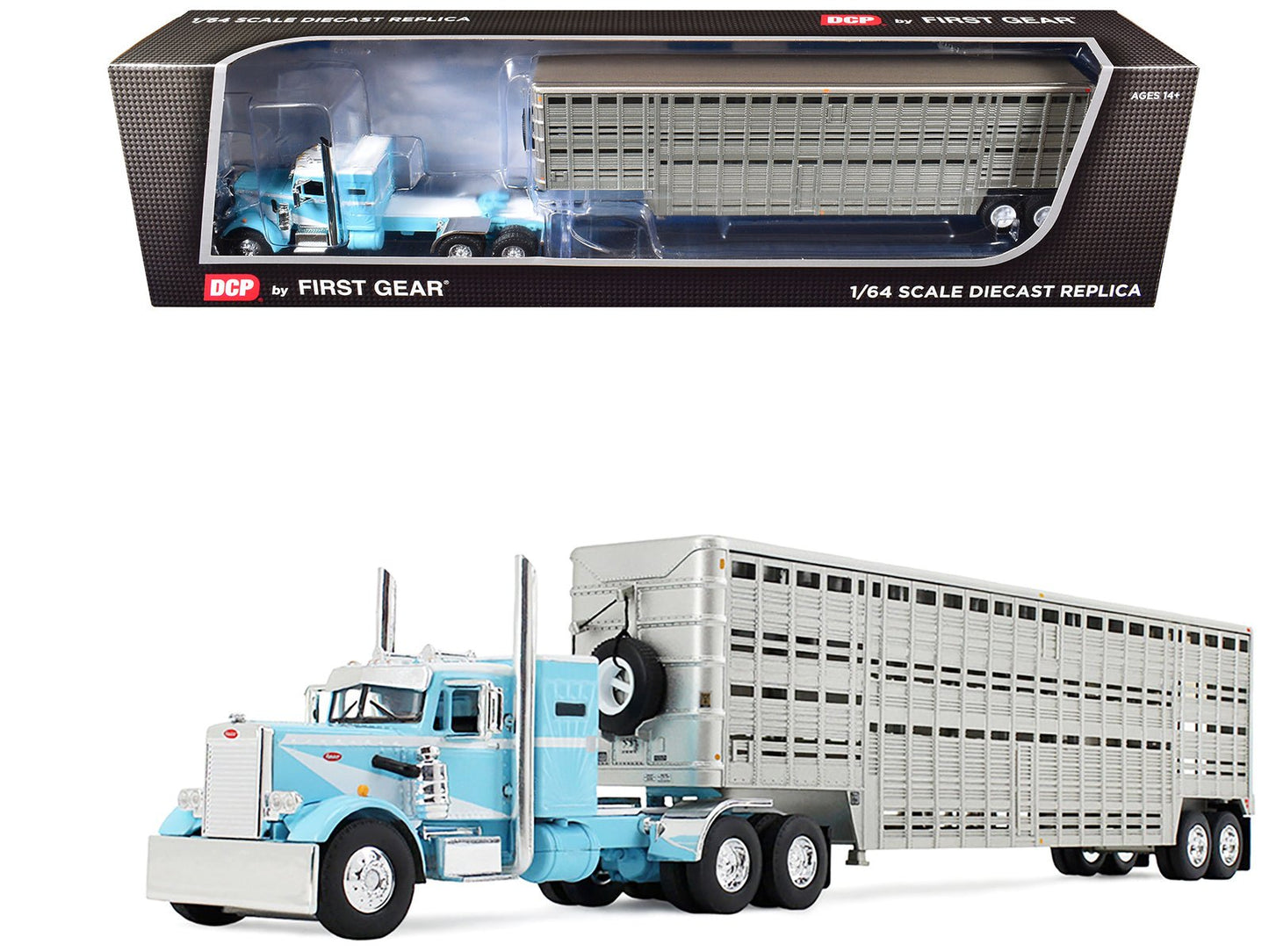 Peterbilt 351 with 36" Vintage Sleeper and 45' Wilson Vintage Livestock Trailer Light Blue with White Stripes 1/64 Diecast Model by DCP/First Gear free shipping USA