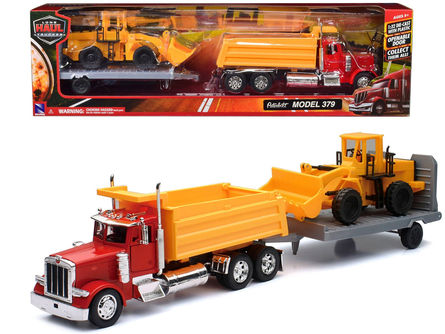 Peterbilt 379 Dump Truck Red and Wheel Loader Yellow with Flatbed Trailer "Long Haul Truckers" Series 1/32 Diecast Model by New Ray free shipping USA