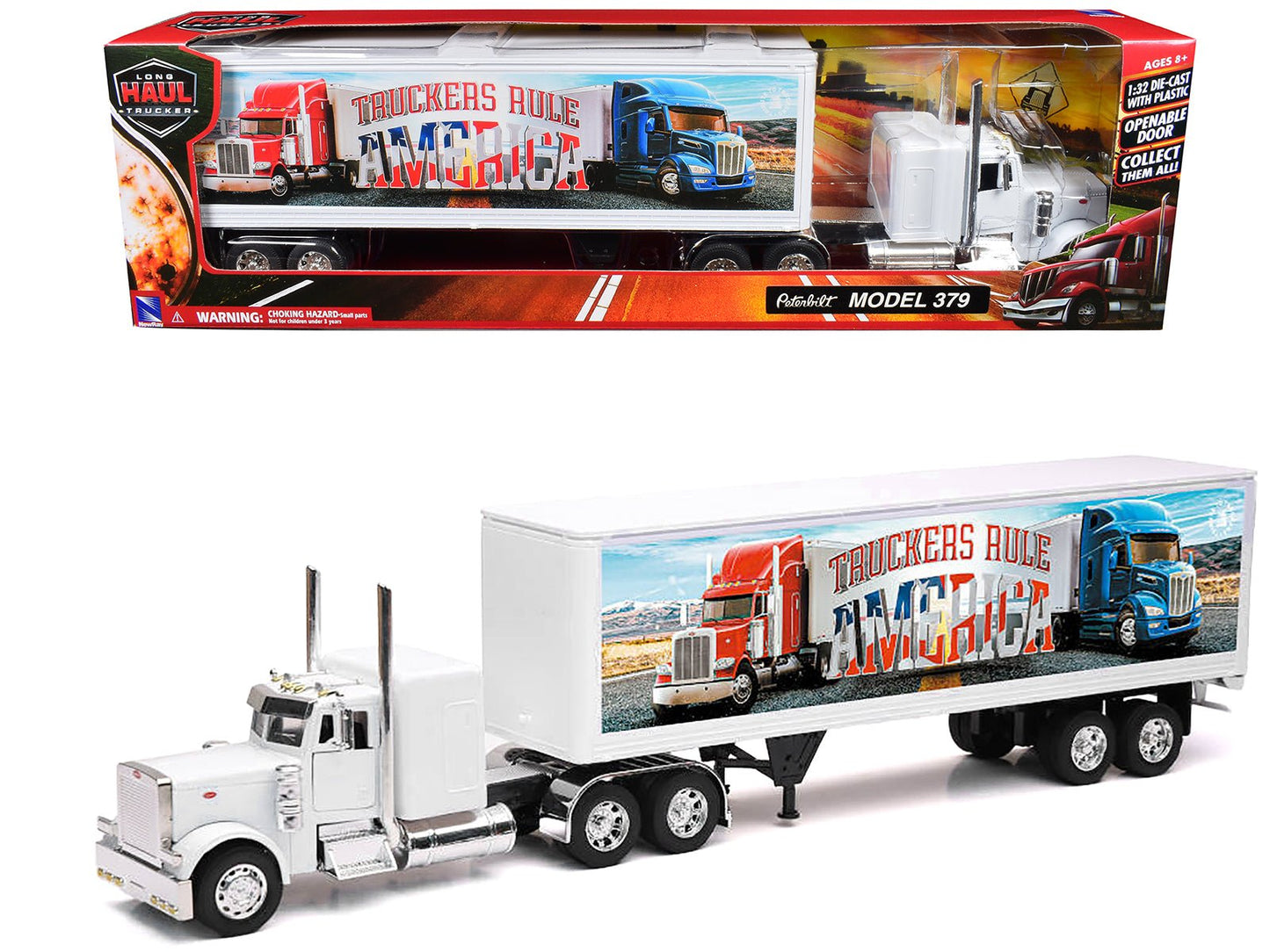 Peterbilt 379 Truck White with Dry Van Trailer "Truckers Rule America" "Long Haul Truckers" Series 1/32 Diecast Model by New Ray free shipping USA