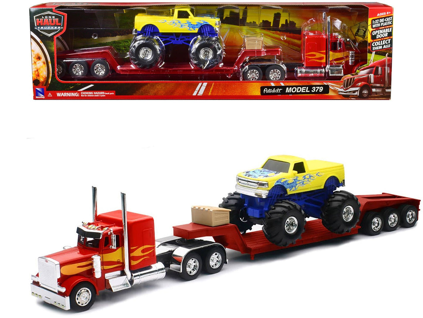 Peterbilt 379 Truck with Lowboy Trailer Red with Orange Flames and Monster Truck Yellow with Blue Flames "Long Haul Truckers" Series 1/32 Diecast Model by New Ray free shipping USA