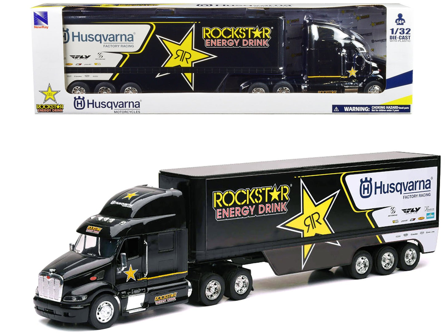Peterbilt 387 Semi-Truck Black "Rockstar Energy Drink - Husqvarna Factory Racing" 1/32 Diecast Model by New Ray free shipping USA