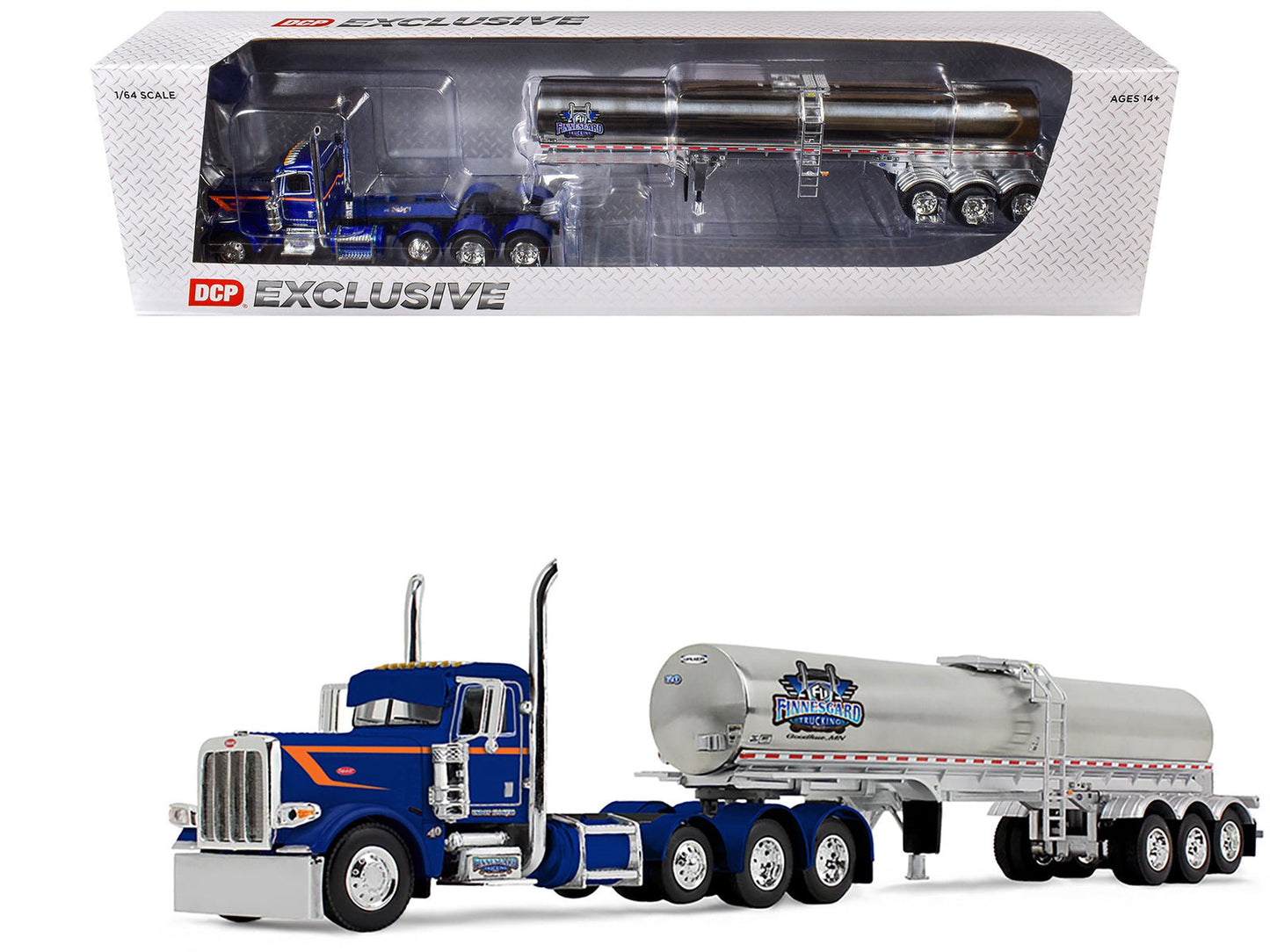 Peterbilt 389 Tri-Axle Day Cab and Walker Food Grade Tank Trailer "Finnesgard Trucking" Blue with Orange Stripes 1/64 Diecast Model by DCP/First Gear free shipping USA