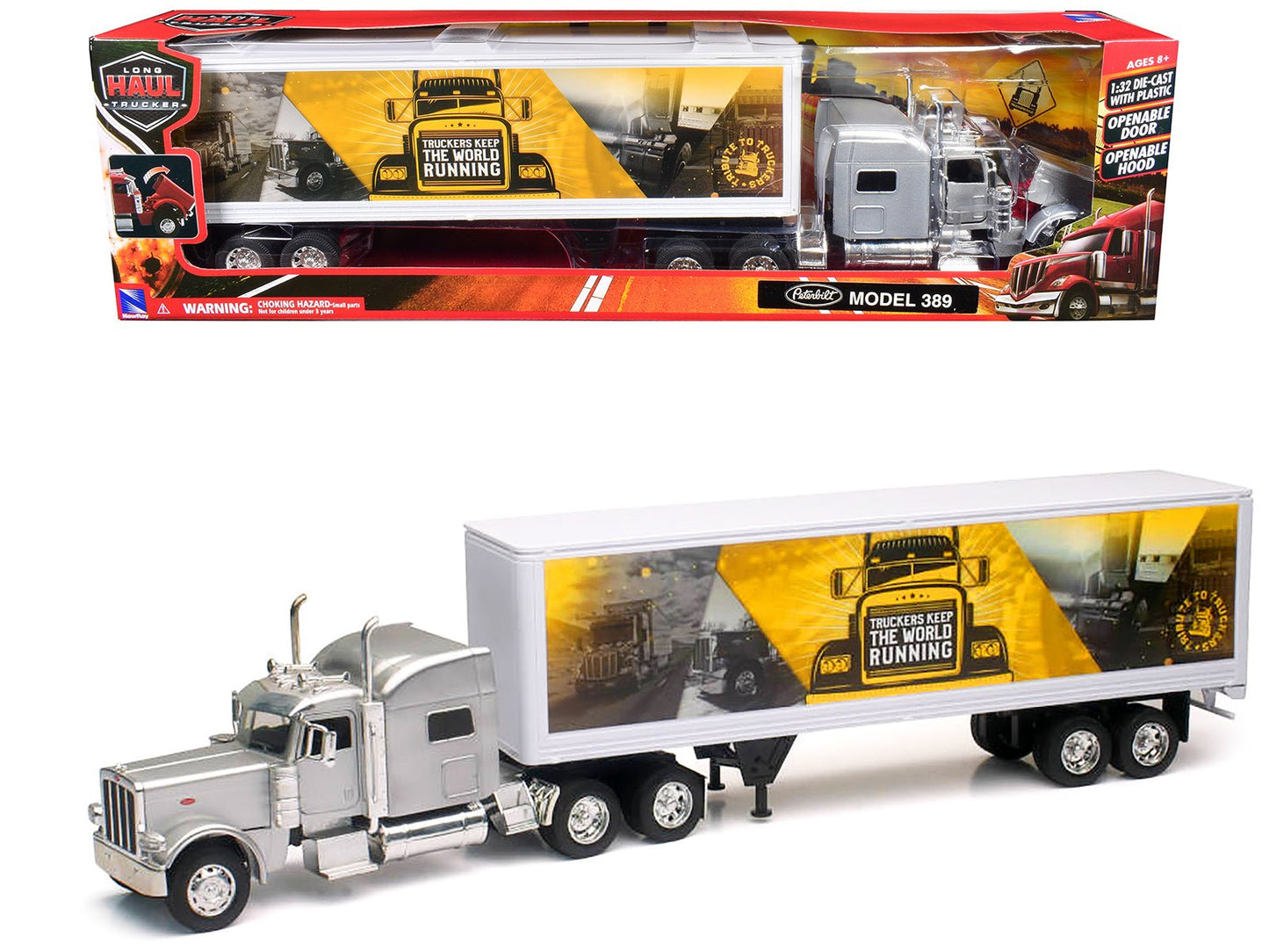 Peterbilt 389 Truck Silver Metallic with Dry Van Trailer "Trucker Keep The World Running" "Long Haul Truckers" Series 1/32 Diecast Model by New Ray free shipping USA