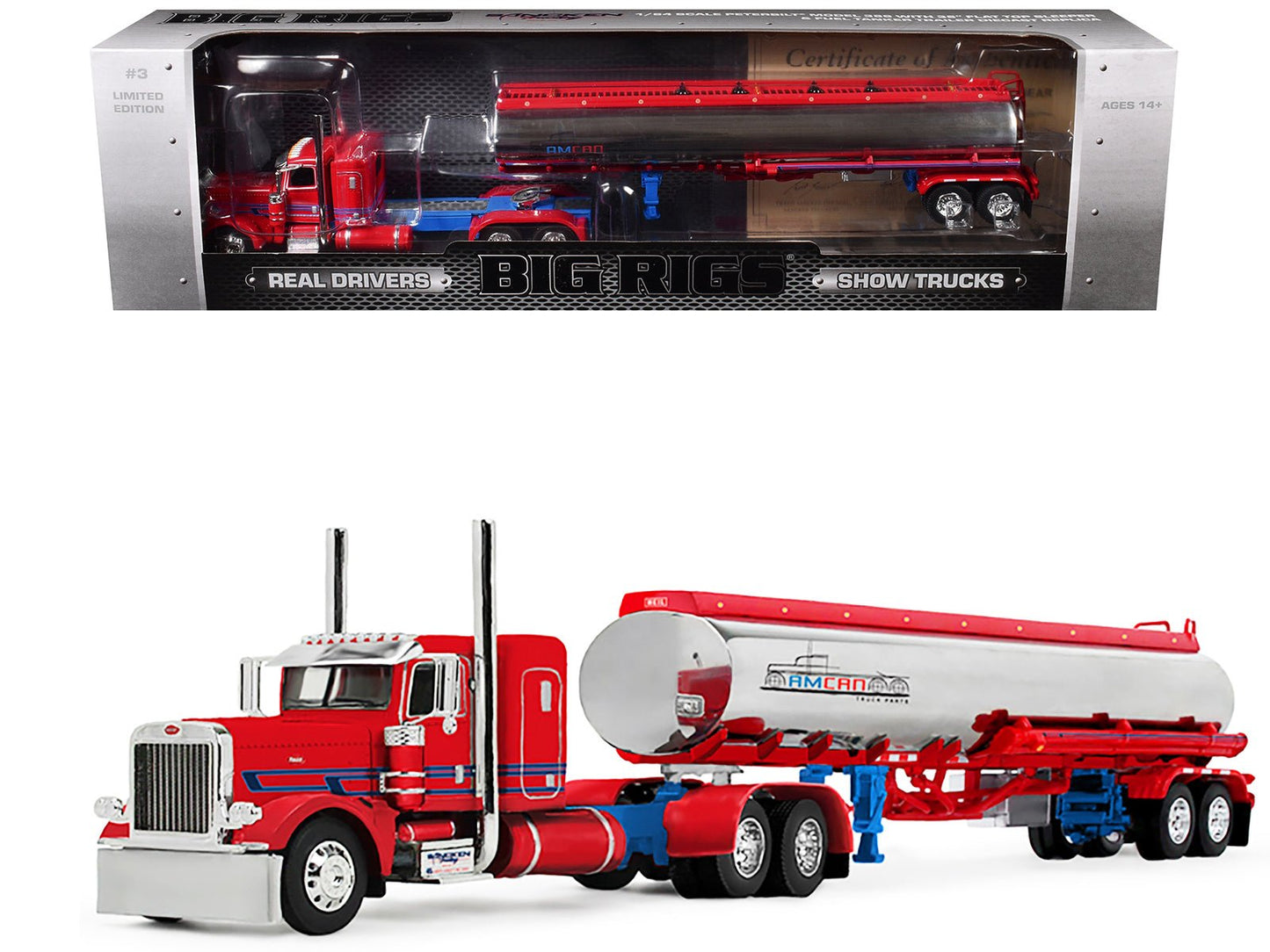 Peterbilt 389 with 36" Flat Top Sleeper and Heil Fuel Tank Trailer "Sancken Custom Truck by Amcan" Red "Big Rigs" Series II #3 1/64 Diecast Model by DCP/First Gear free shipping USA