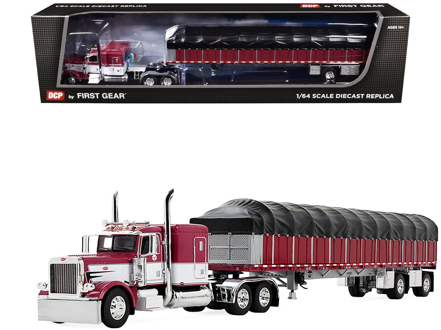 Peterbilt 389 with 63" Flat Top Sleeper and 53’ Wilson Roadbrute Flatbed Trailer with Covered Wagon Maroon with White Stripes 1/64 Diecast Model by DCP/First Gear free shipping USA