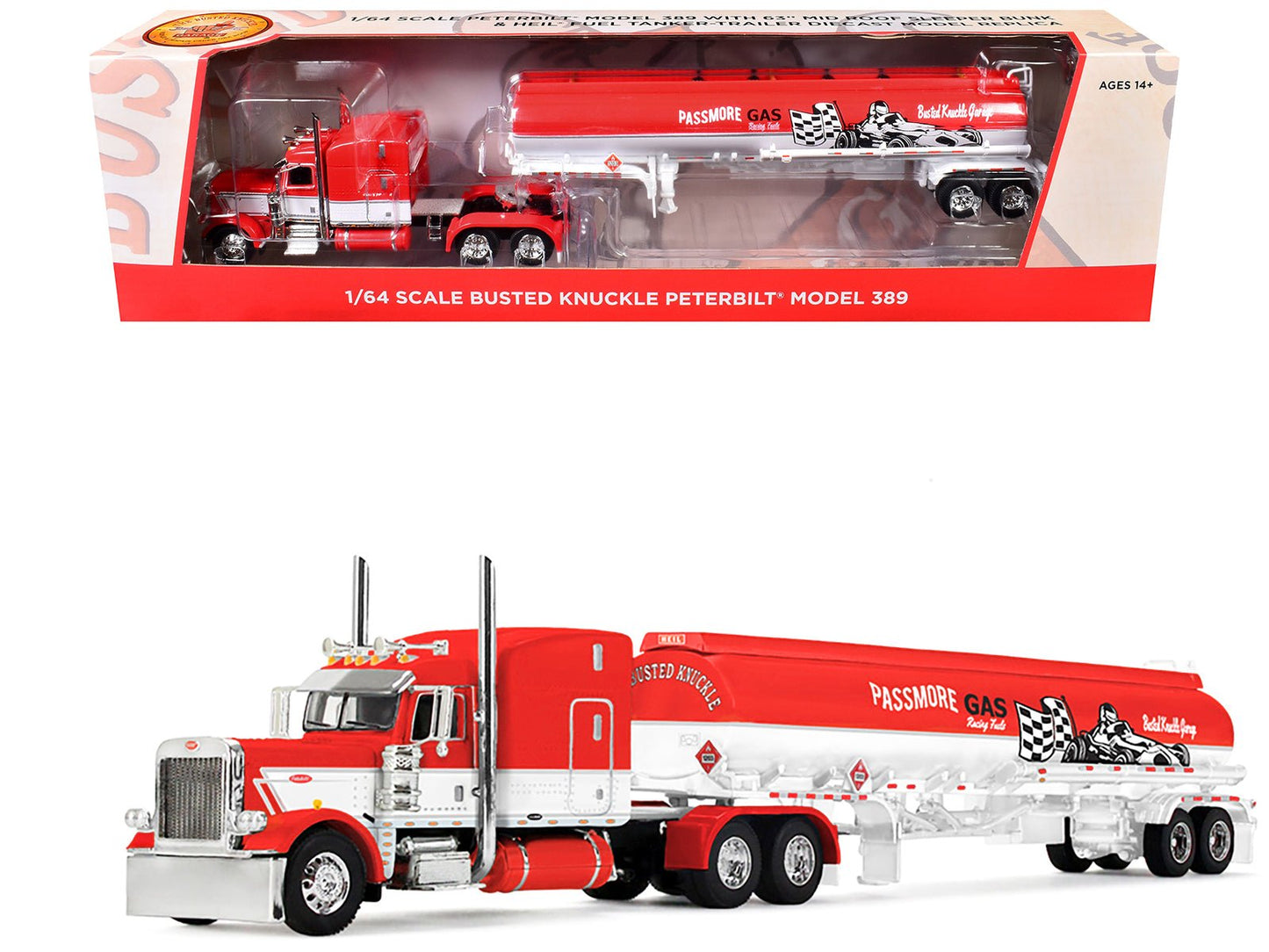 Peterbilt 389 with 63" Mid-Roof Sleeper and Heil Fuel Tank Trailer "Busted Knuckle Garage" Red and White 1/64 Diecast Model by DCP/First Gear free shipping USA