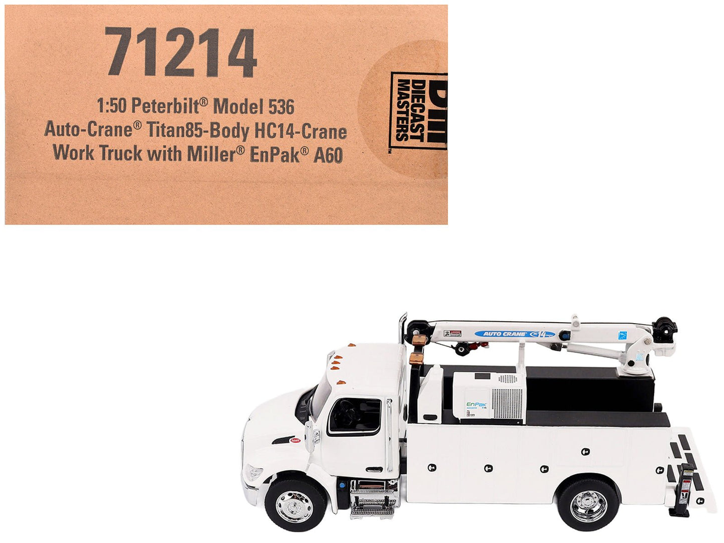 Peterbilt 536 Auto-Crane Titan85-Body HC14-Crane Work Truck with Miller EnPak White "Transport Series" 1/50 Diecast Model by Diecast Masters free shipping USA