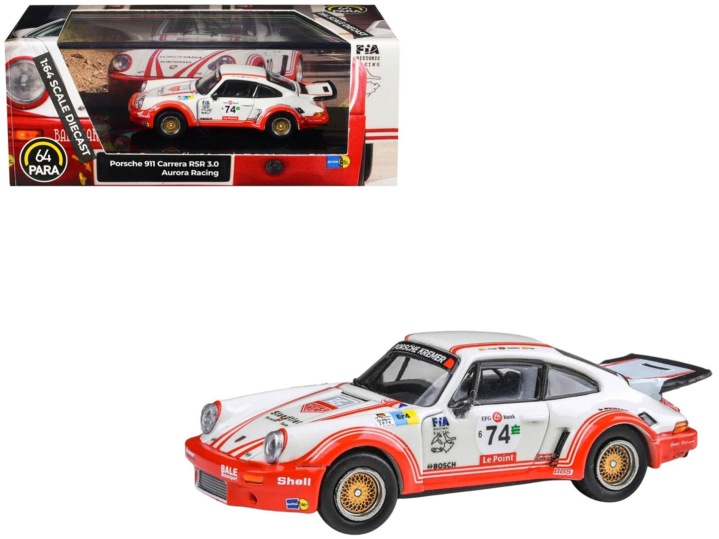 Porsche 911 Carrera RSR 3.0 #74 "Aurora Racing" White with Red Stripes 1/64 Diecast Model Car by Paragon Models free shipping USA