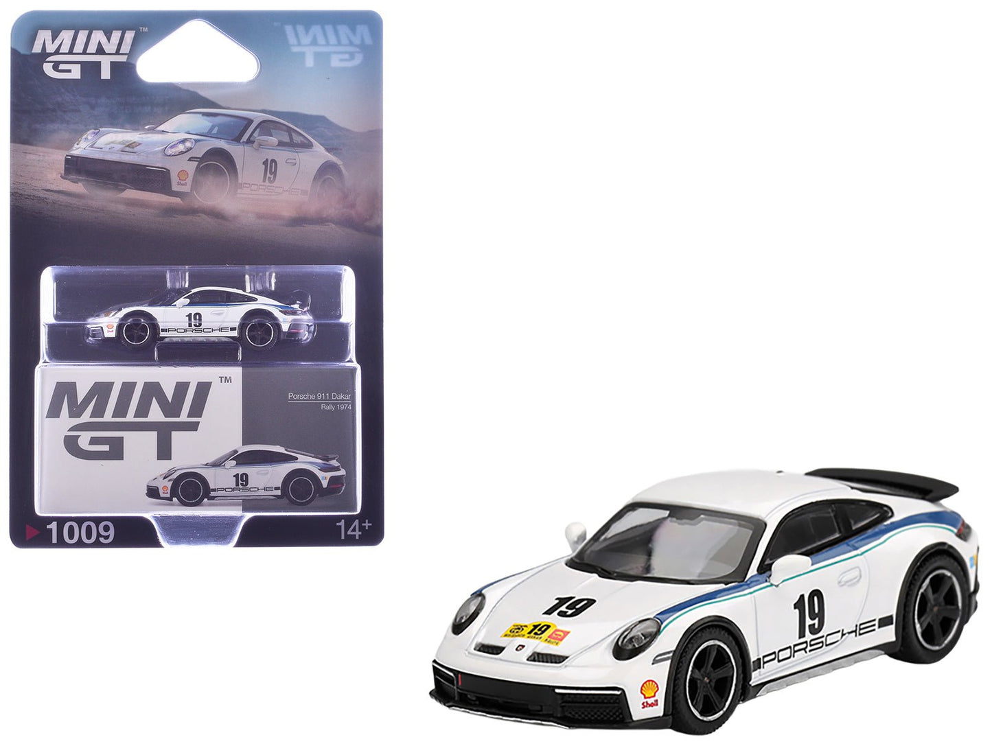 Porsche 911 Dakar #19 "Rally 1974" Tribute Livery White with Blue Stripes Limited Edition 1/64 Diecast Model Car by Mini GT free shipping USA