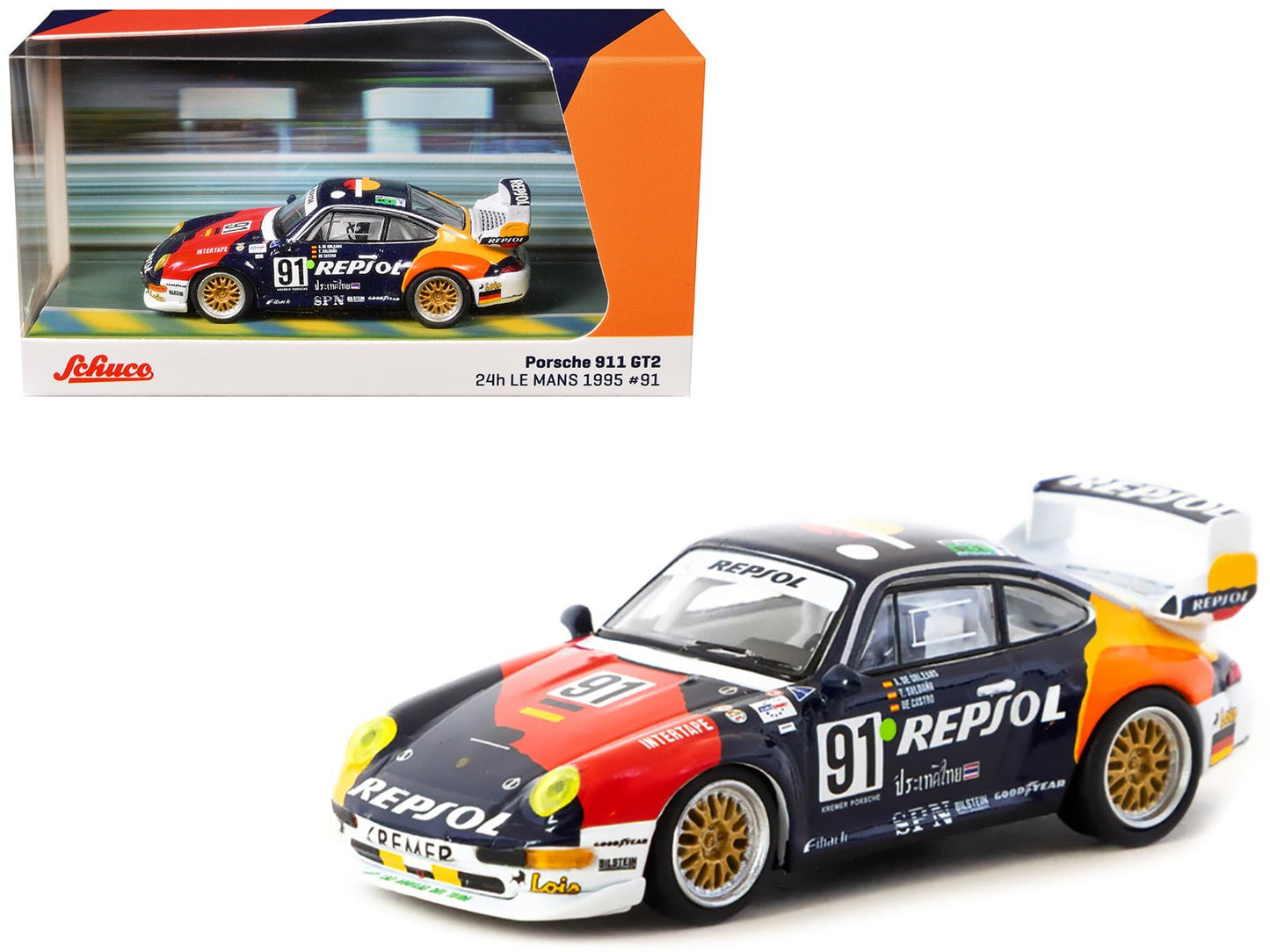 Porsche 911 GT2 #91 Tomas Saldana - Miguel Angel de Castro - Prince Alfonso de Orleans-Borbon "Kremer Racing - Repsol" "24 Hours of Le Mans" (1995) "Collab64" Series 1/64 Diecast Model Car by Schuco & Tarmac Works free shipping USA