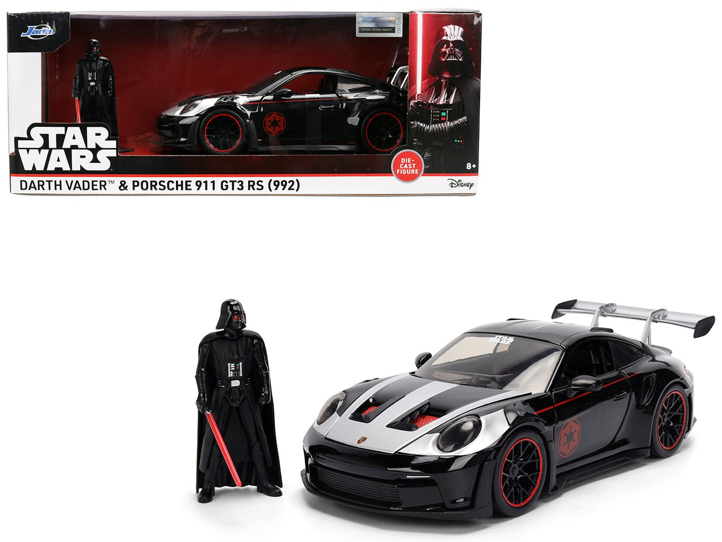 Porsche 911 GT3 RS (992) Black with Silver Hood and Graphics and Darth Vader Figure "Star Wars" Franchise "Hollywood Rides" Series 1/24 Diecast Model Car by Jada free shipping USA