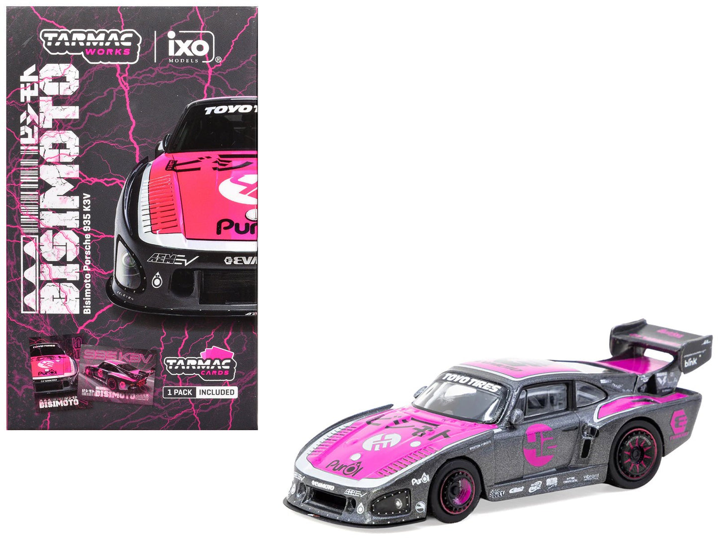 Porsche 935 K3V Bisimoto Gray Metallic with Pink Hood and Top with Tarmac Cards "Hobby64" Series 1/64 Diecast Model by Tarmac Works free shipping USA