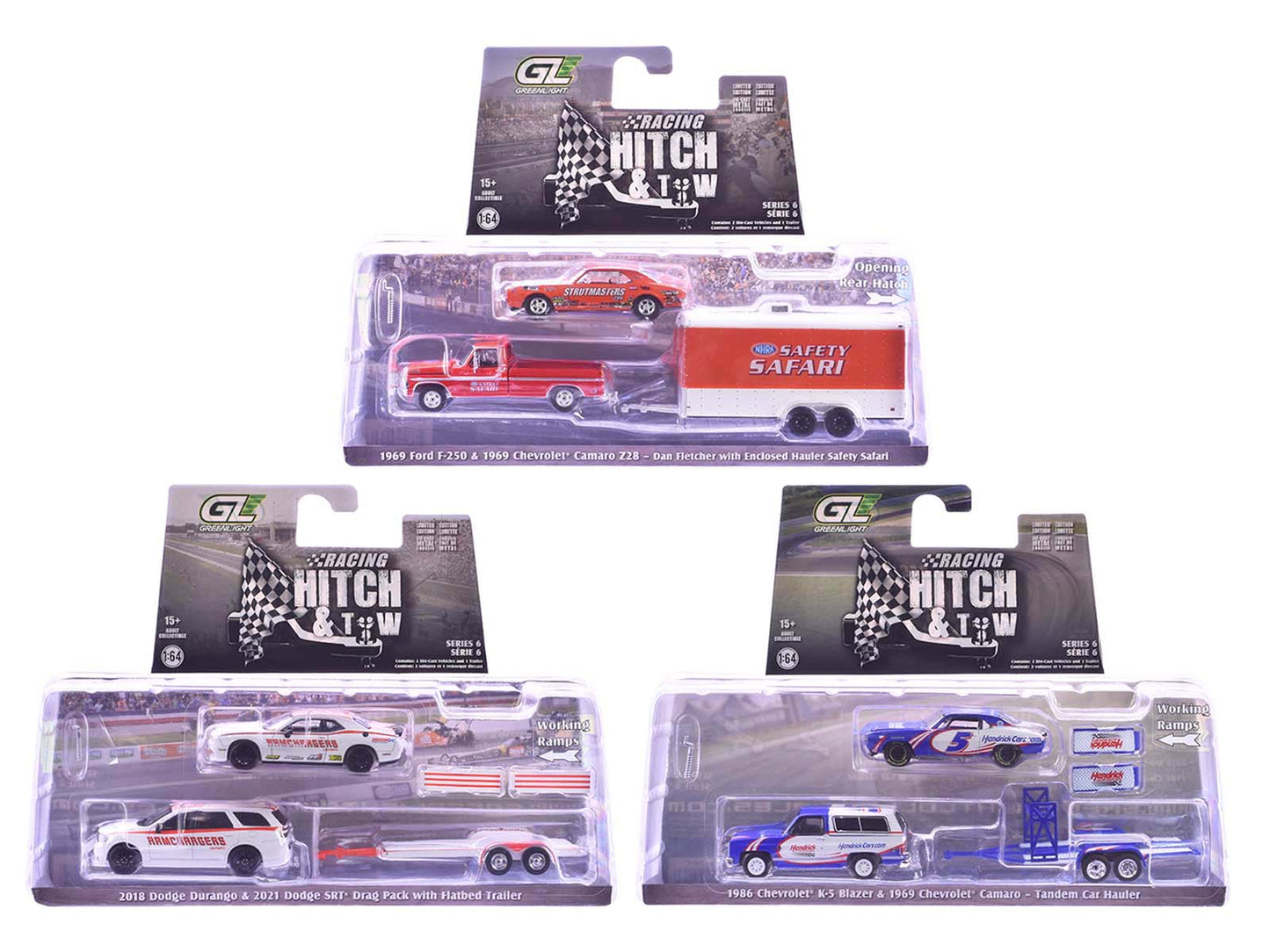 "Racing Hitch & Tow" Series #6 Set of 3 pieces 1/64 Diecast Model Cars by Greenlight free shipping USA