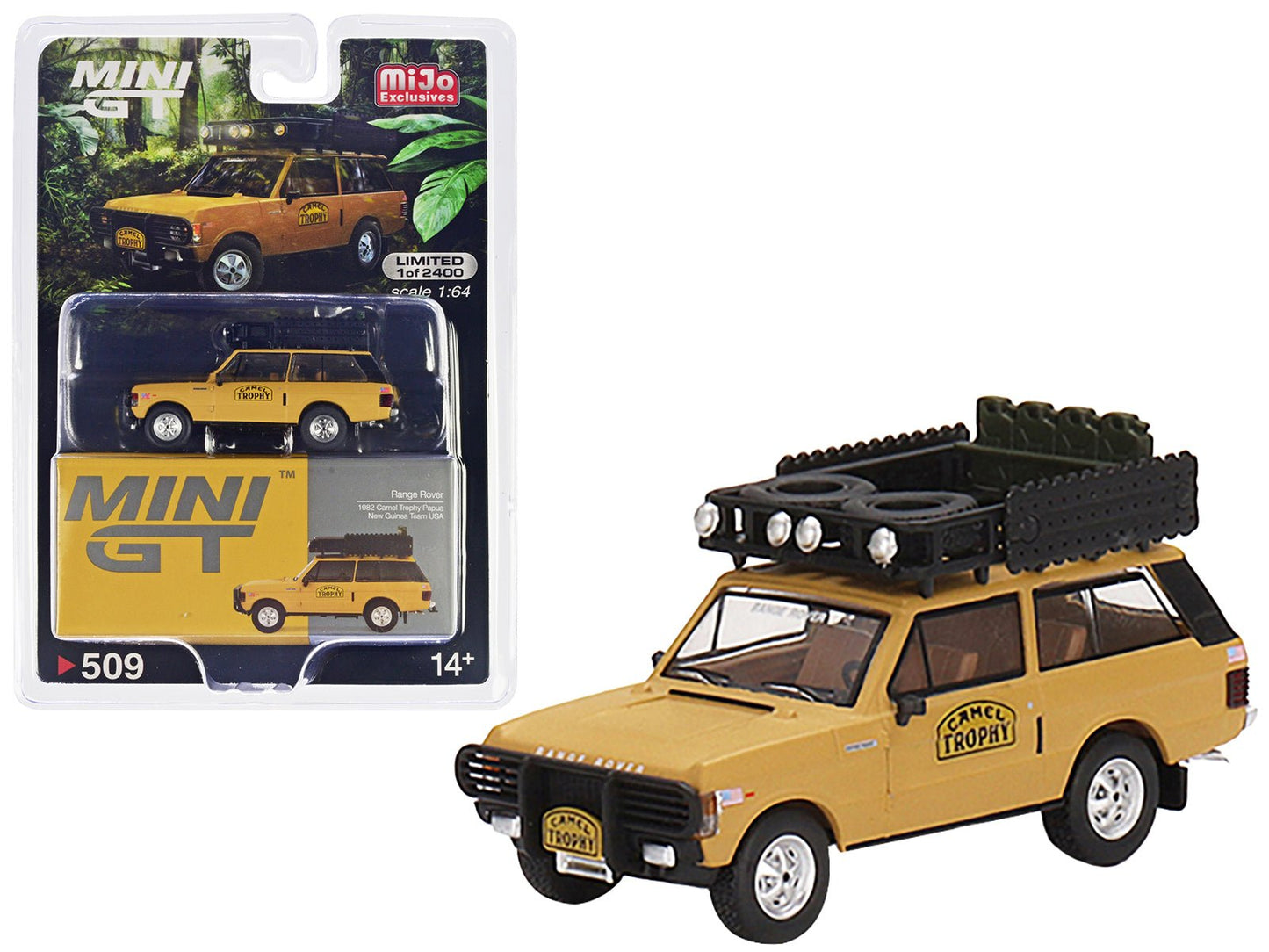 Range Rover with Roofrack Tan "Camel Trophy - Papua New Guinea Team USA" (1982) Limited Edition to 2400 pieces Worldwide 1/64 Diecast Model Car by Mini GT free shipping USA