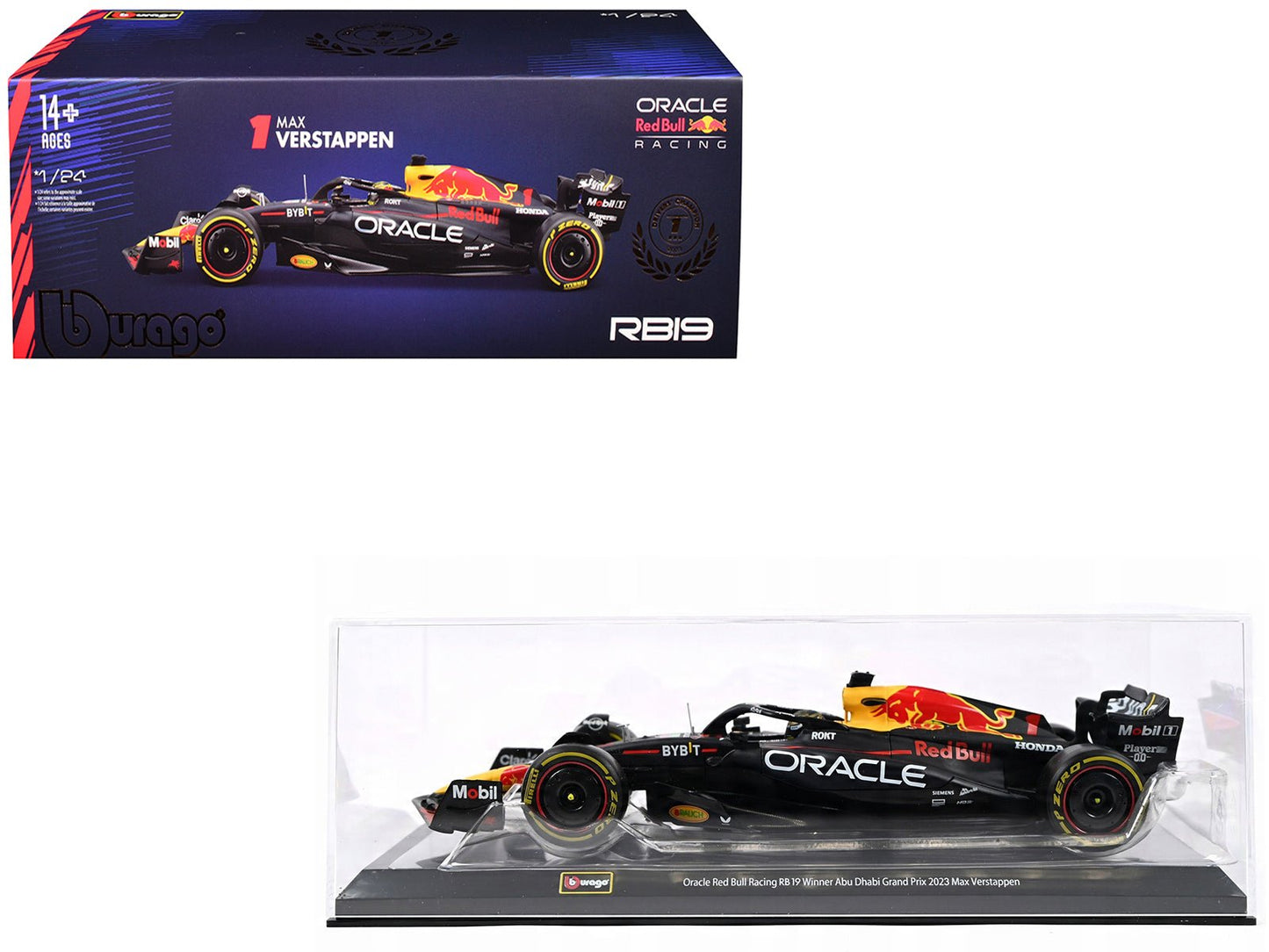 Red Bull Racing RB19 #1 Max Verstappen "Oracle" Winner Formula One F1 Championship "Drivers' Champion" (2023) with Display Case 1/24 Diecast Model Car by Bburago free shipping USA