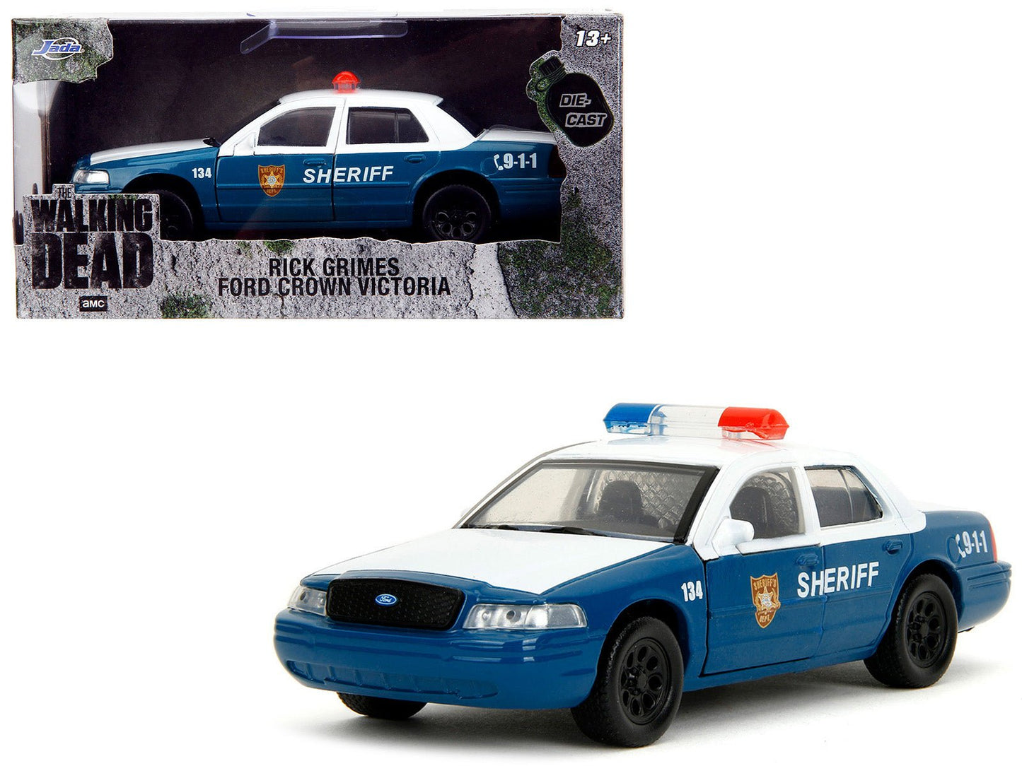 Rick Grimes' Ford Crown Victoria "Sheriff" Blue and White "The Walking Dead" (2010-2022) TV Series "Hollywood Rides" Series 1/32 Diecast Model Car by Jada free shipping USA