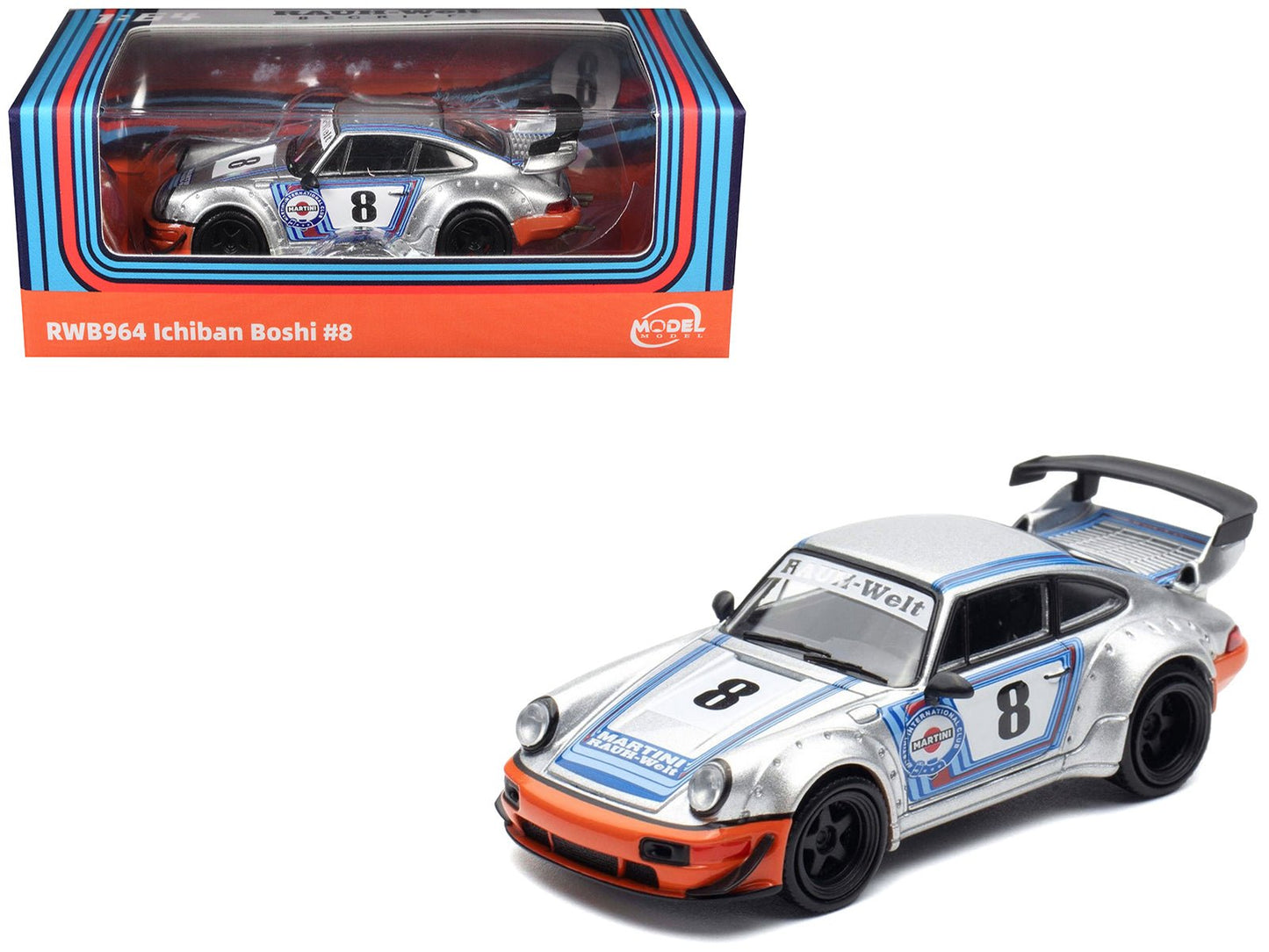 RWB 964 #8 "Ichiban Boshi - Martini Racing" Silver Metallic with Stripes 1/64 Diecast Model Car by Model Model free shipping USA