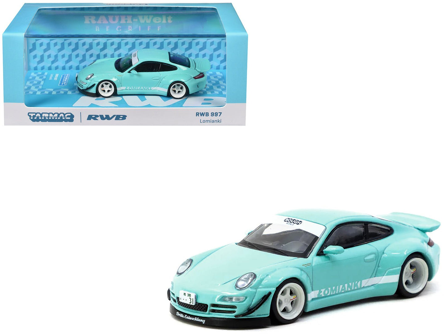 RWB 997 "Lomianki" Light Blue with White Stripes "Hobby64" Series 1/64 Diecast Model Car by Tarmac Works free shipping USA