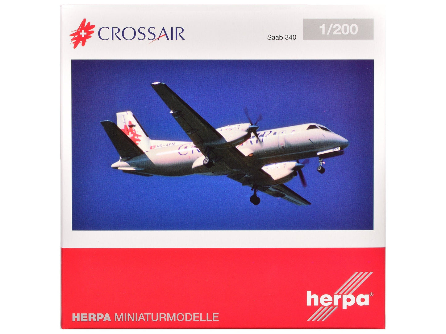 Saab 340 Commercial Aircraft "Crossair" (HB-AKN) White with Tail Graphics 1/200 Diecast Model Airplane by Herpa free shipping USA