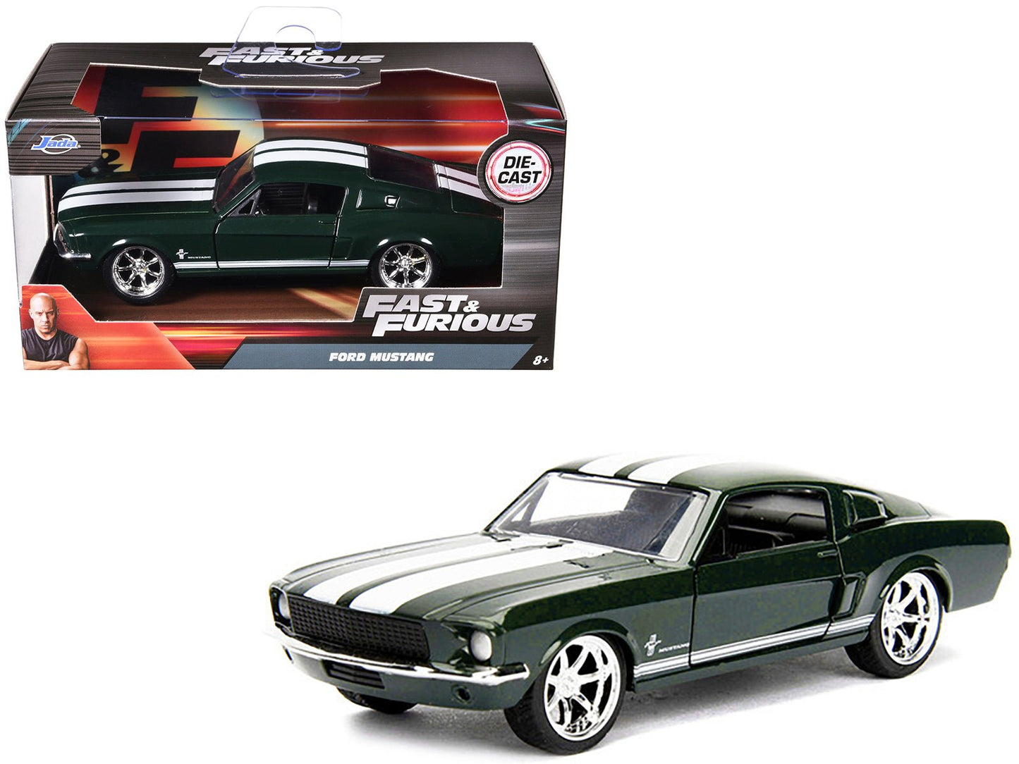 Sean's Ford Mustang Dark Green with White Stripes "Fast & Furious" Movie 1/32 Diecast Model Car by Jada free shipping USA