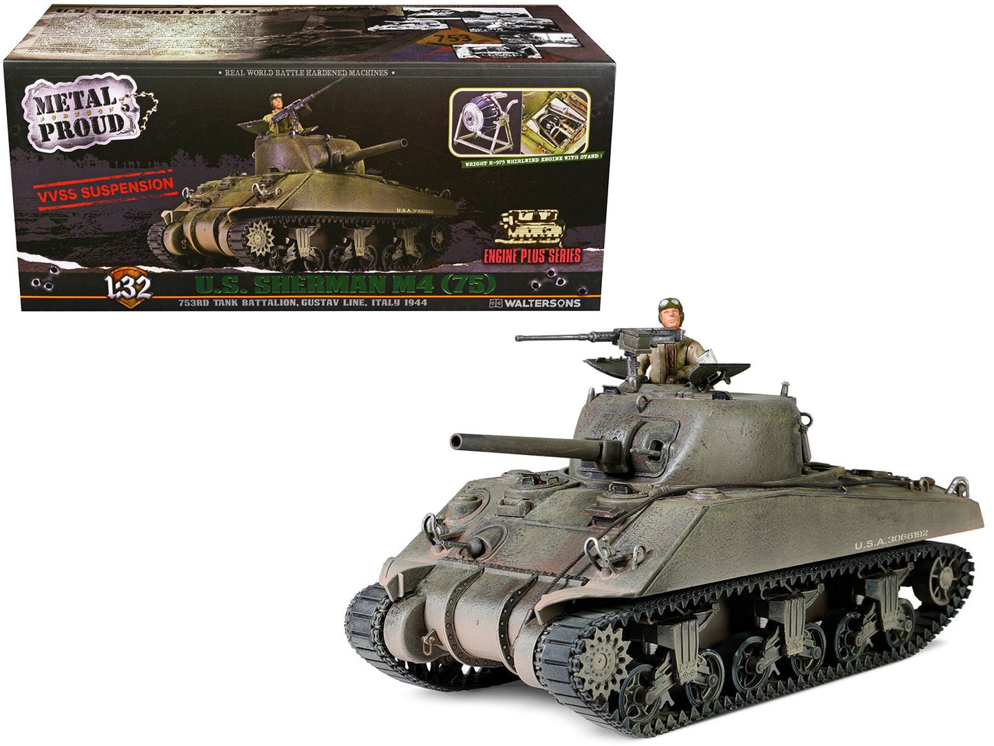 Sherman M4 (75) Medium Tank U.S. "753th Tank Battalion Gustav Line Italy" (1944) "Engine Plus" Series 1/32 Diecast Model by Metal Proud free shipping USA