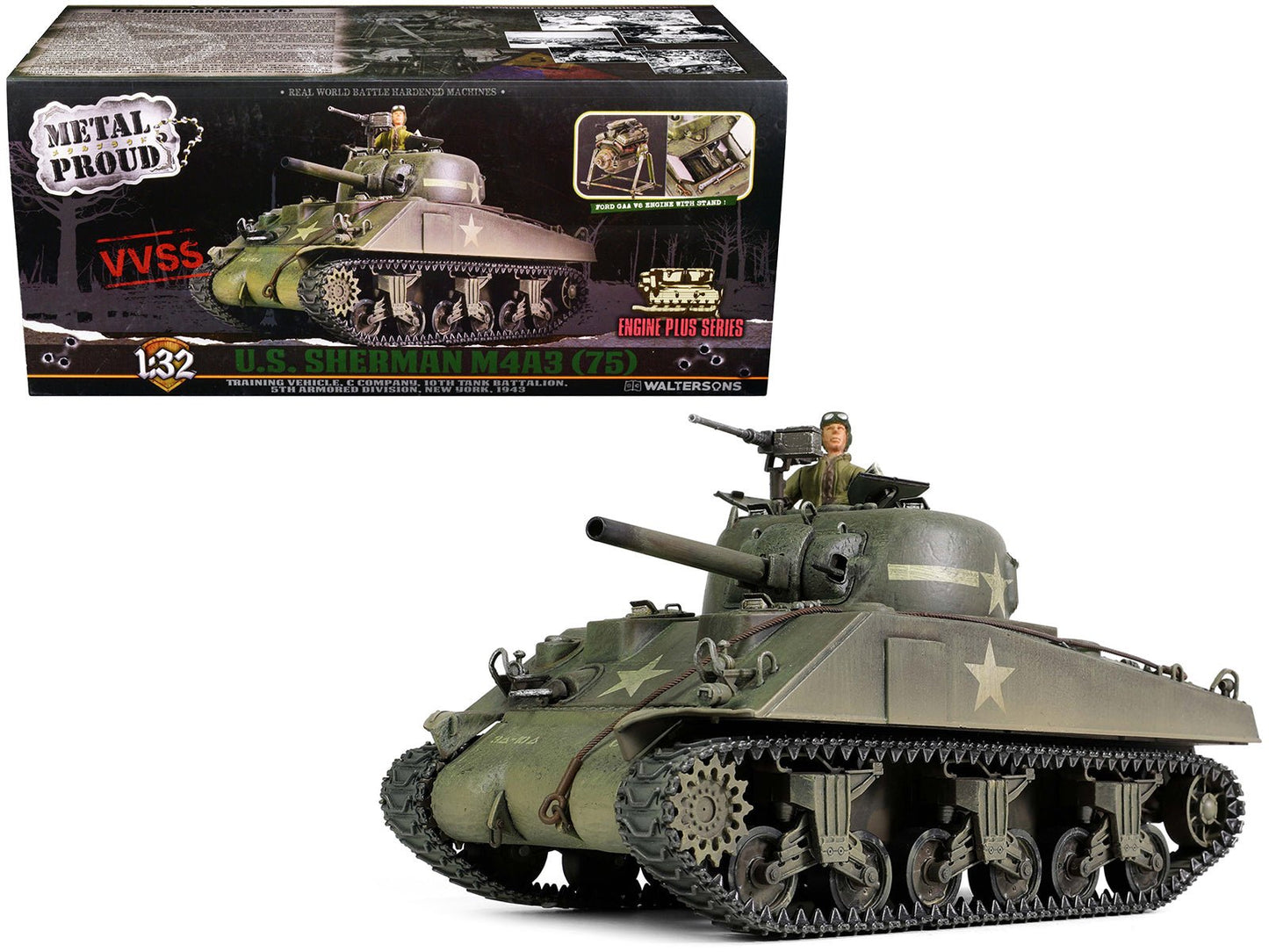 Sherman M4A3 (75) Medium Tank U.S. "Training vehicle C Company 10th Tank Battalion 5th Armored Division New York" (1943) "Engine Plus" Series 1/32 Diecast Model by Metal Proud free shipping USA