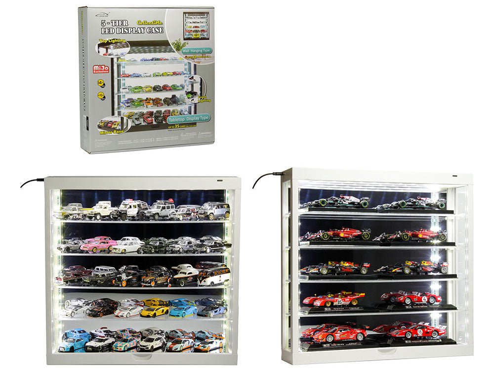 Showcase Wall Mount 5 Tier Display Case White with Mirror Back Panel "Mijo Exclusives" for 1/64-1/43 Scale Models free shipping USA