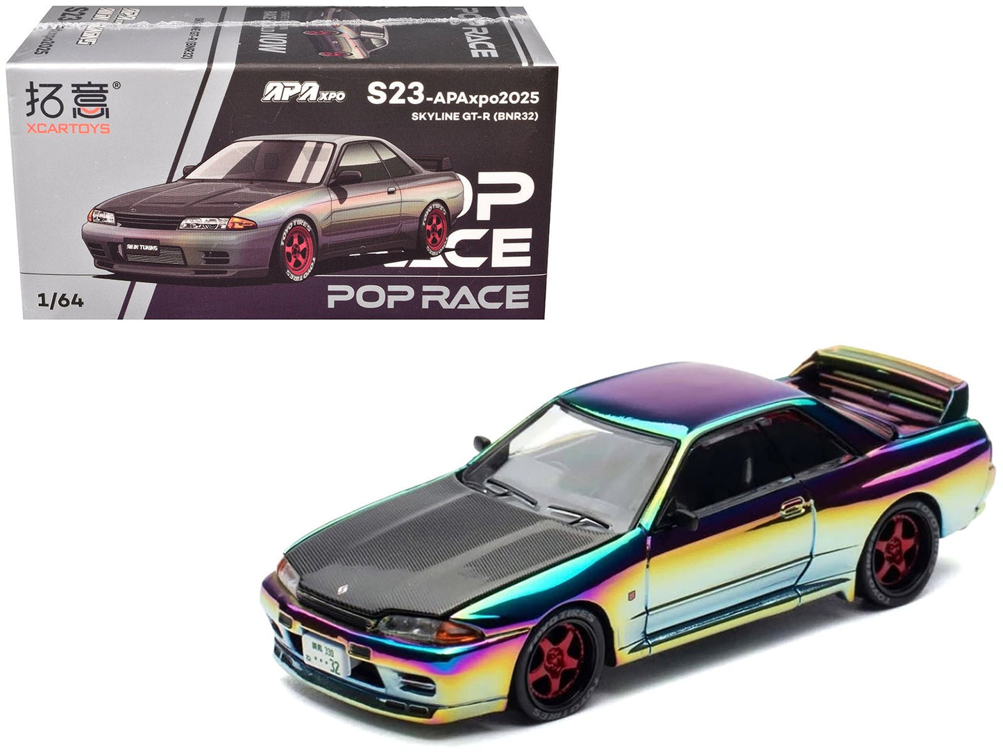 Skyline GT-R (BNR32) RHD (Right Hand Drive) Chameleon Chrome with Carbon Hood "APA XPO 2025 Exclusive 1/64 Diecast Model Car by Pop Race free shipping USA