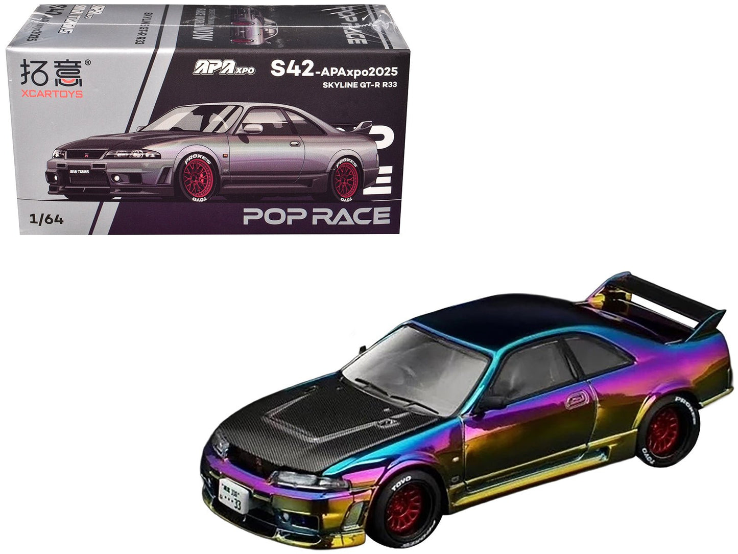 Skyline GT-R (R33) RHD (Right Hand Drive) Chameleon Chrome with Carbon Hood "APA XPO 2025 Exclusive" 1/64 Diecast Model Car by Pop Race free shipping USA