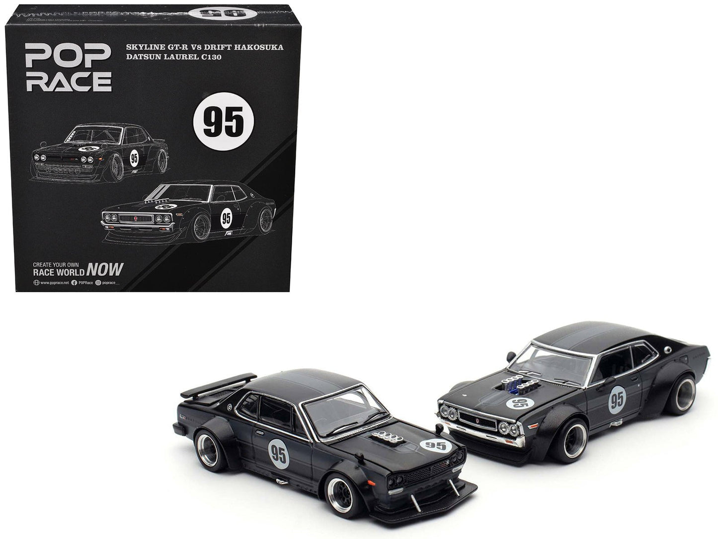 Skyline GT-R V8 Drift "Hakosuka" RHD (Right Hand Drive) #95 Black and Datsun Laurel C130 RHD (Right Hand Drive) Black 2 Car Box Set "Hong Kong Toycar Salon 2025" 1/64 Diecast Model Car by Pop Race free shipping USA