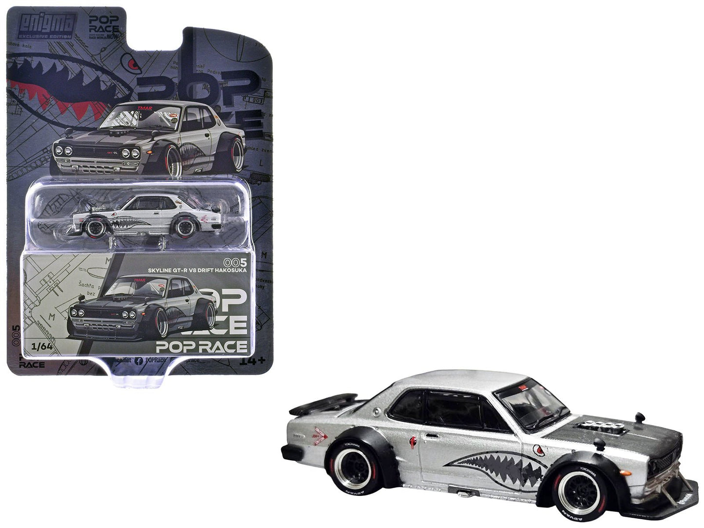 Skyline GT-R V8 Drift "Hakosuka" RHD (Right Hand Drive) Silver Metallic with Carbon Hood and Shark Mouth Graphics "Enigma Exclusive Edition" 1/64 Diecast Model Car by Pop Race free shipping USA