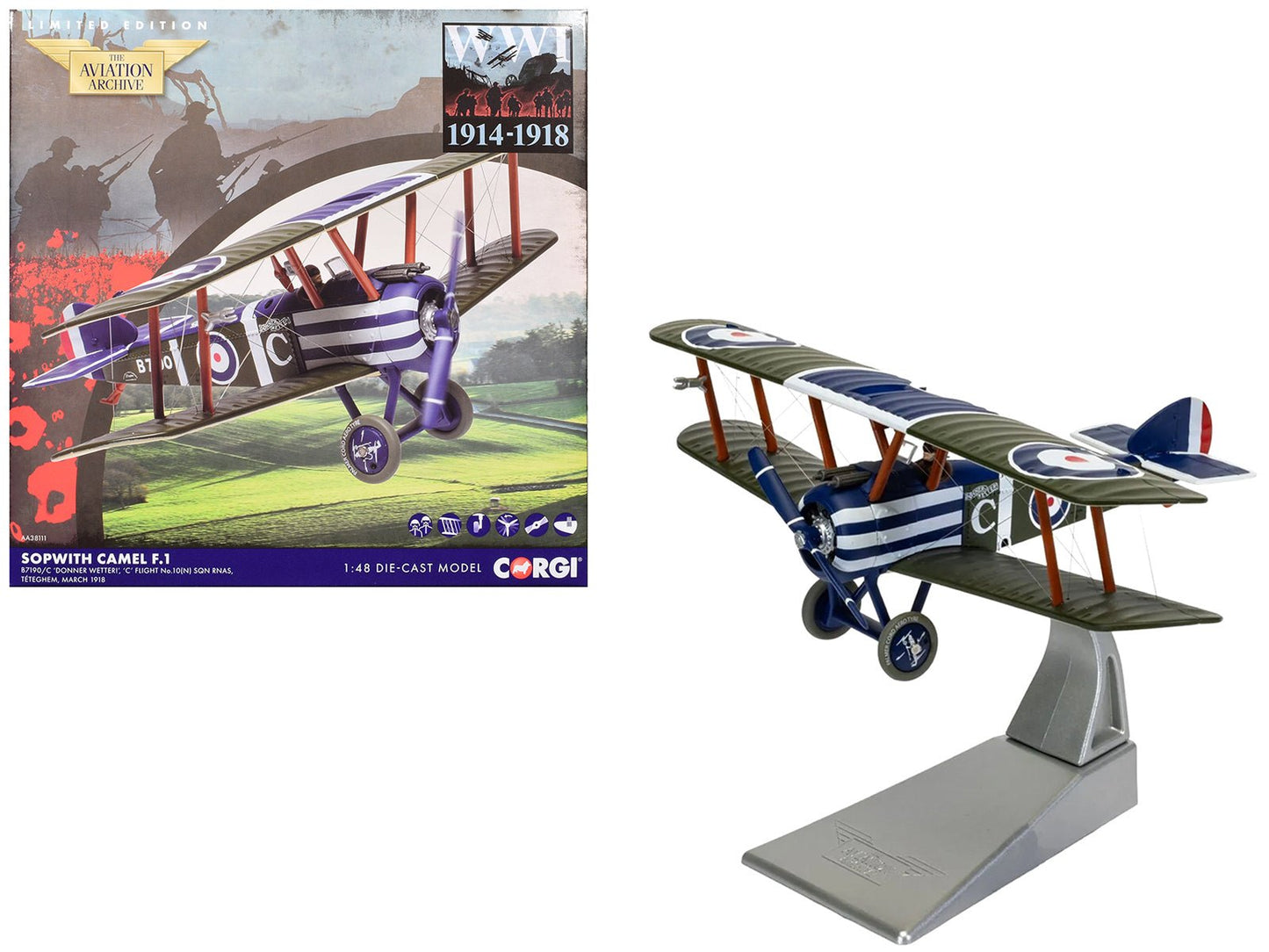 Sopwith Camel F.1 Aircraft "B7190 Donner Wetter! 'C' Flight No. 10 Squadron" (1918) Royal Naval Air Service "The Aviation Archive" Series 1/48 Diecast Model by Corgi free shipping USA