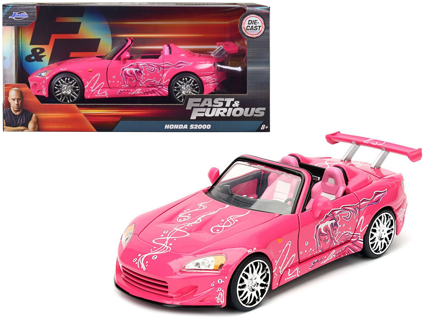 Suki's 2001 Honda S2000 Convertible Pink with Graphics "Fast & Furious" Movie 1/24 Diecast Model Car by Jada free shipping USA