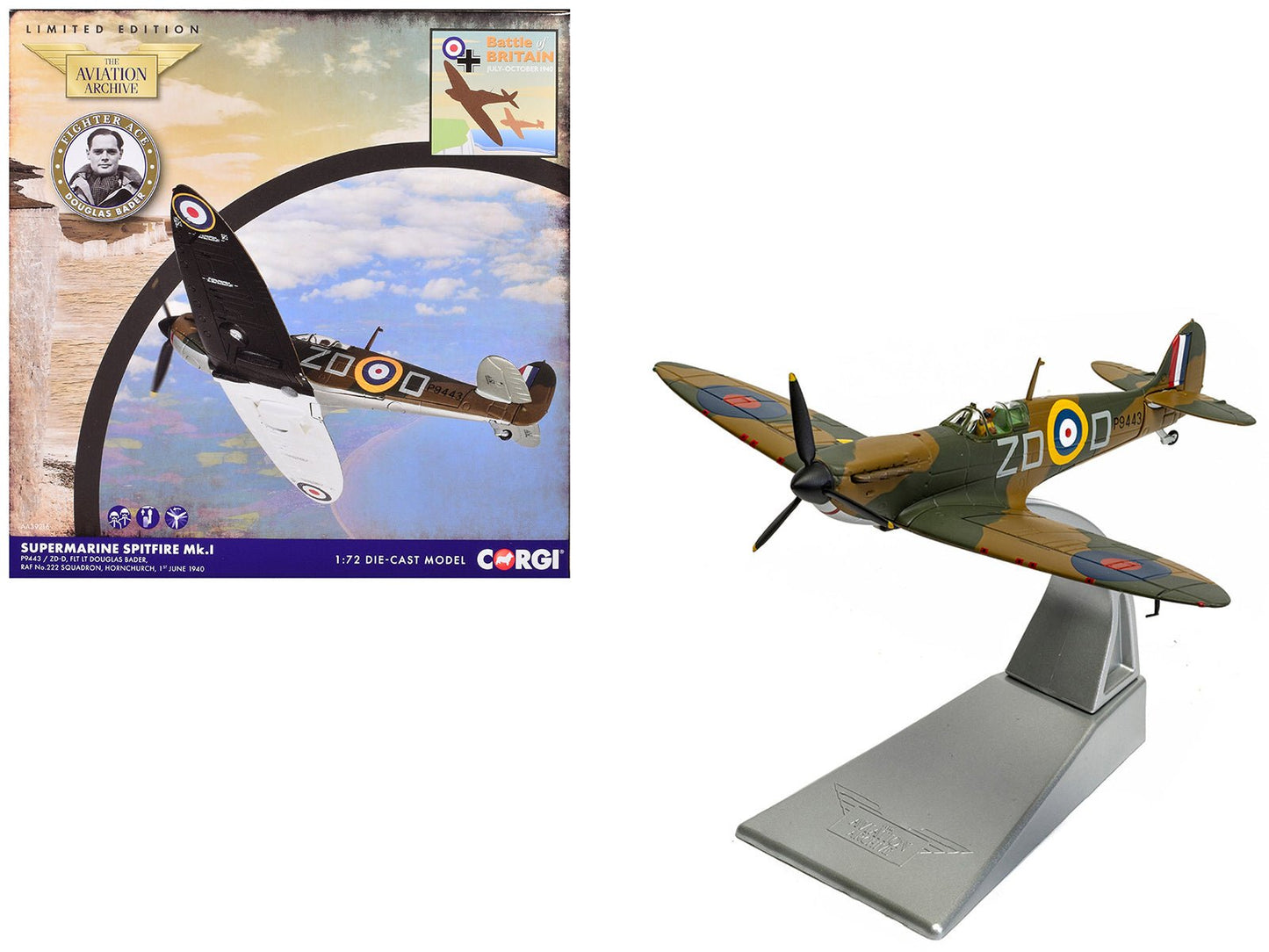 Supermarine Spitfire MkI Fighter Aircraft "P9443 ZD-D Flight Lieutenant Douglas Bader No. 222 Squadron Battle of Britain" (1940) Royal Air Force "The Aviation Archive" Series 1/72 Diecast Model by Corgi free shipping USA