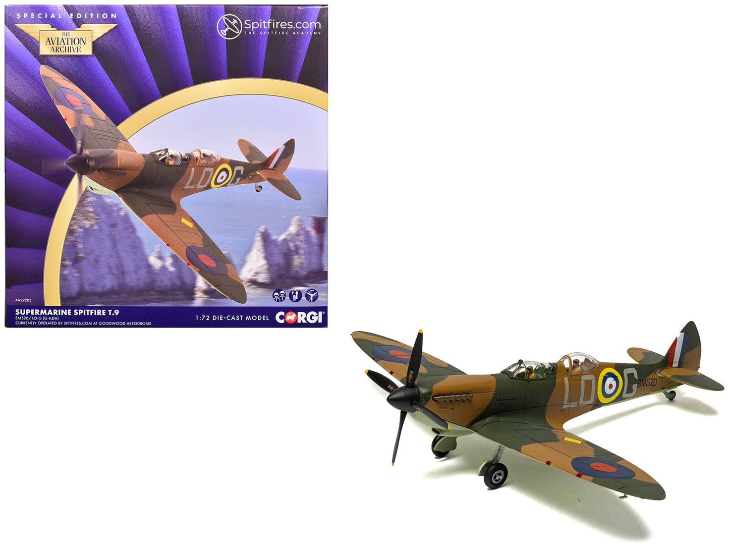 Supermarine Spitfire T.9 Aircraft "SM520 Spitfires.com Goodwood Aerodrome" British Royal Air Force "The Aviation Archive" Series 1/72 Diecast Model by Corgi free shipping USA