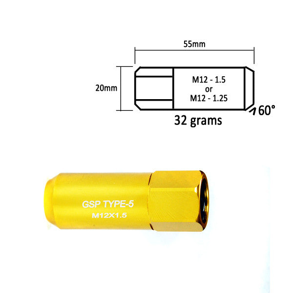 Godspeed Type 5 55mm Lug Nuts 20 pcs. Set M12 X 1.5